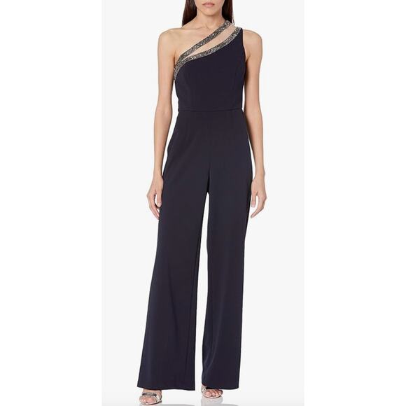 ADRIANNA PAPELL Embellished One Shoulder Jumpsuit Size 10 - Picture 1 of 8